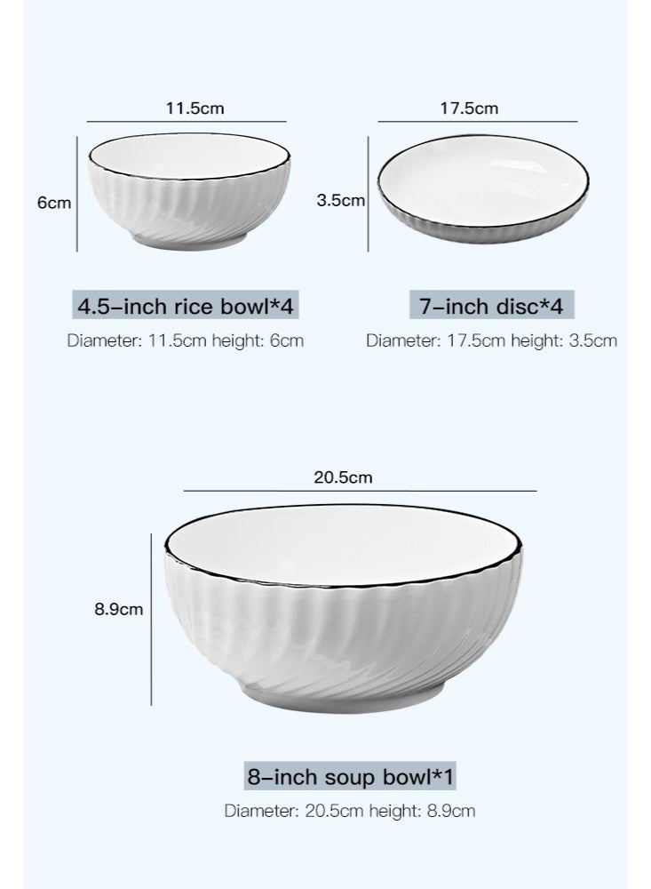 مجموعات أدوات العشاء الحجرية ، مجموعات الأطباق والأوعية ، مجموعة أطباق 14 قطعة ، ميكروويف وغسالة صحون مطبخ آمن ، أسود وأبيض - Image 3